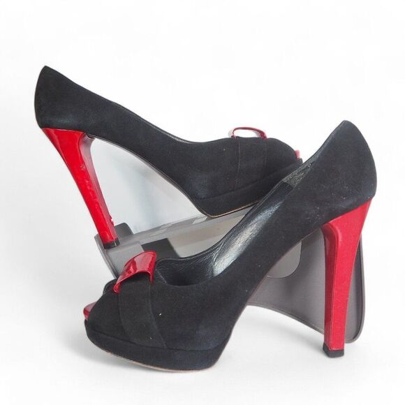 Stuart Weitzman Suede Peep Toe Heels Black / Red Women's 9N (Narrow) - Picture 1 of 12